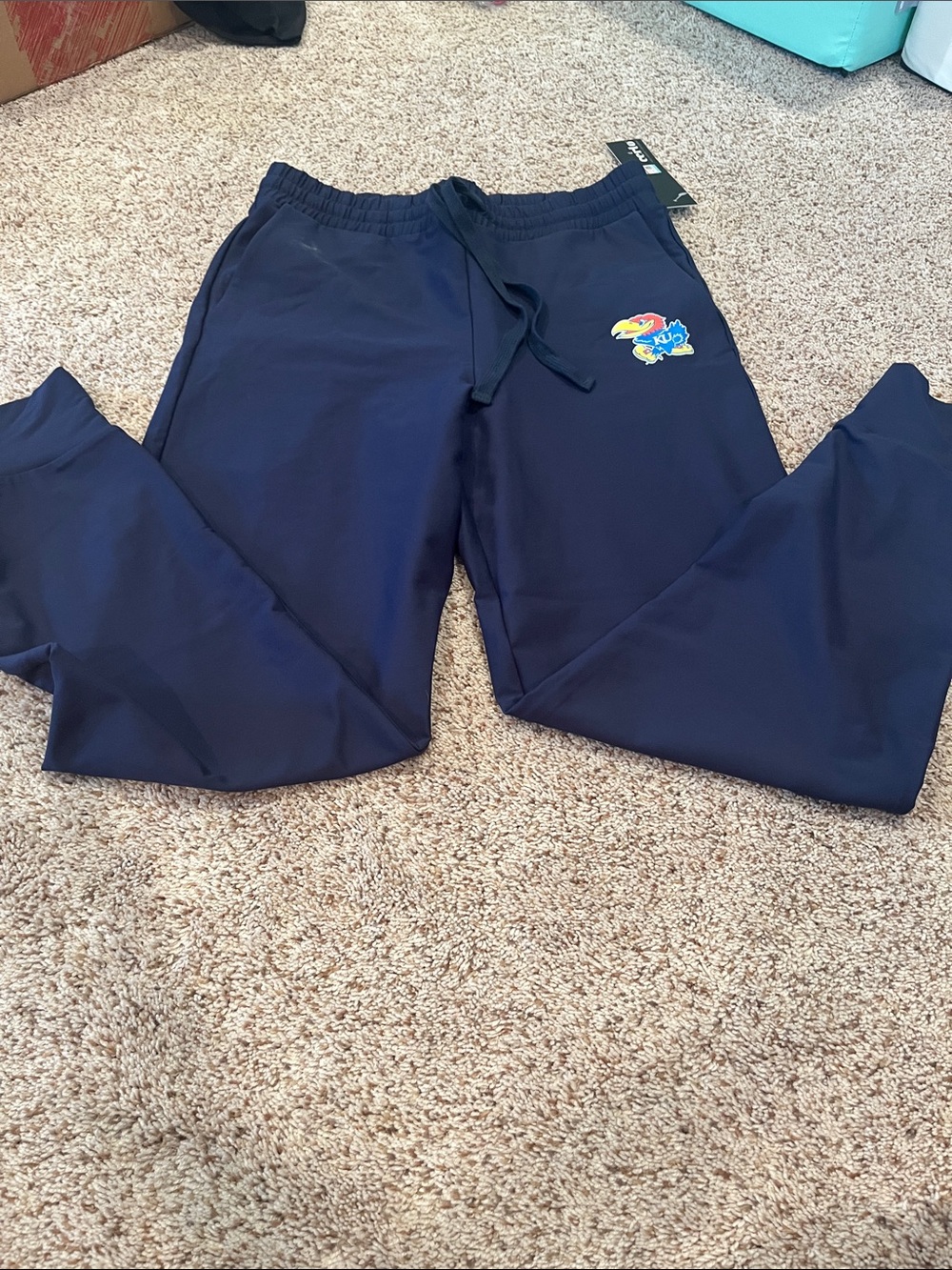 Navy Blue Track Jogger Pants with Kansas Jayhawks Mascot Patch